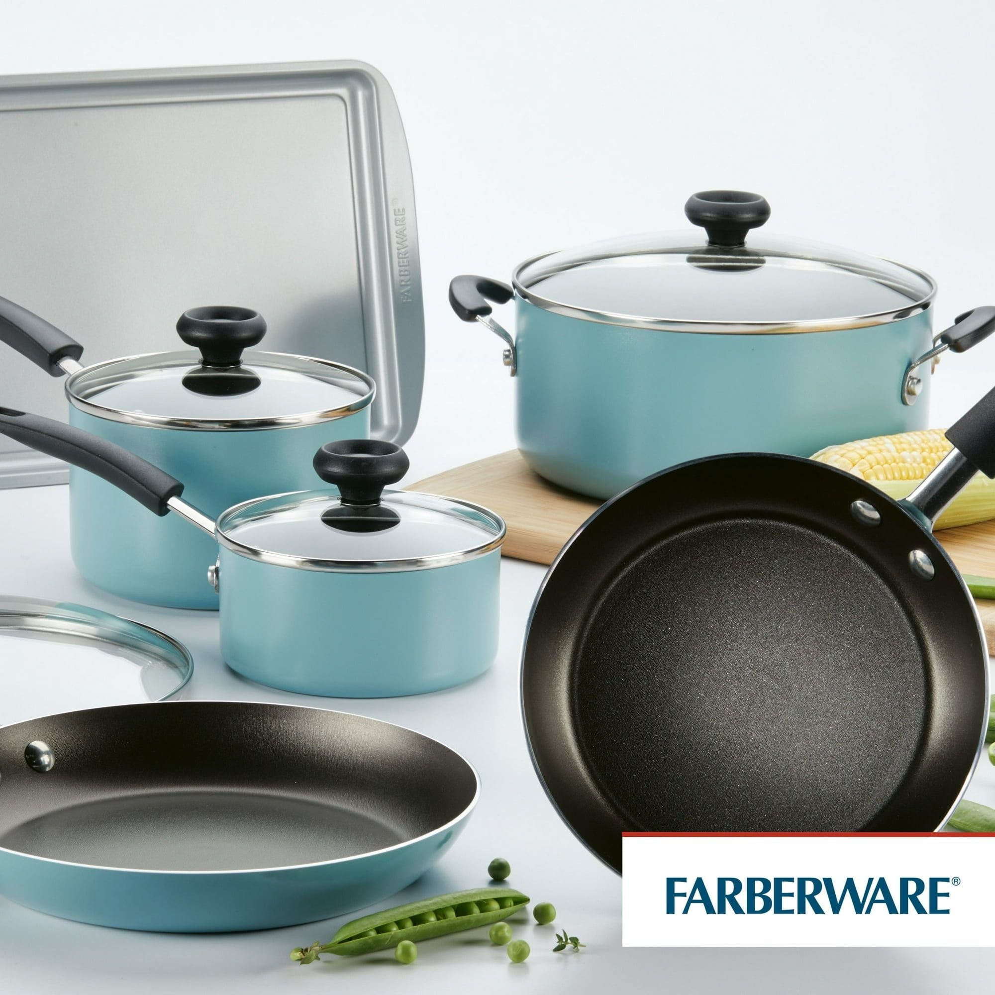 Farberware 15 Piece Aluminum Nonstick Pots and Pans Set, Aqua