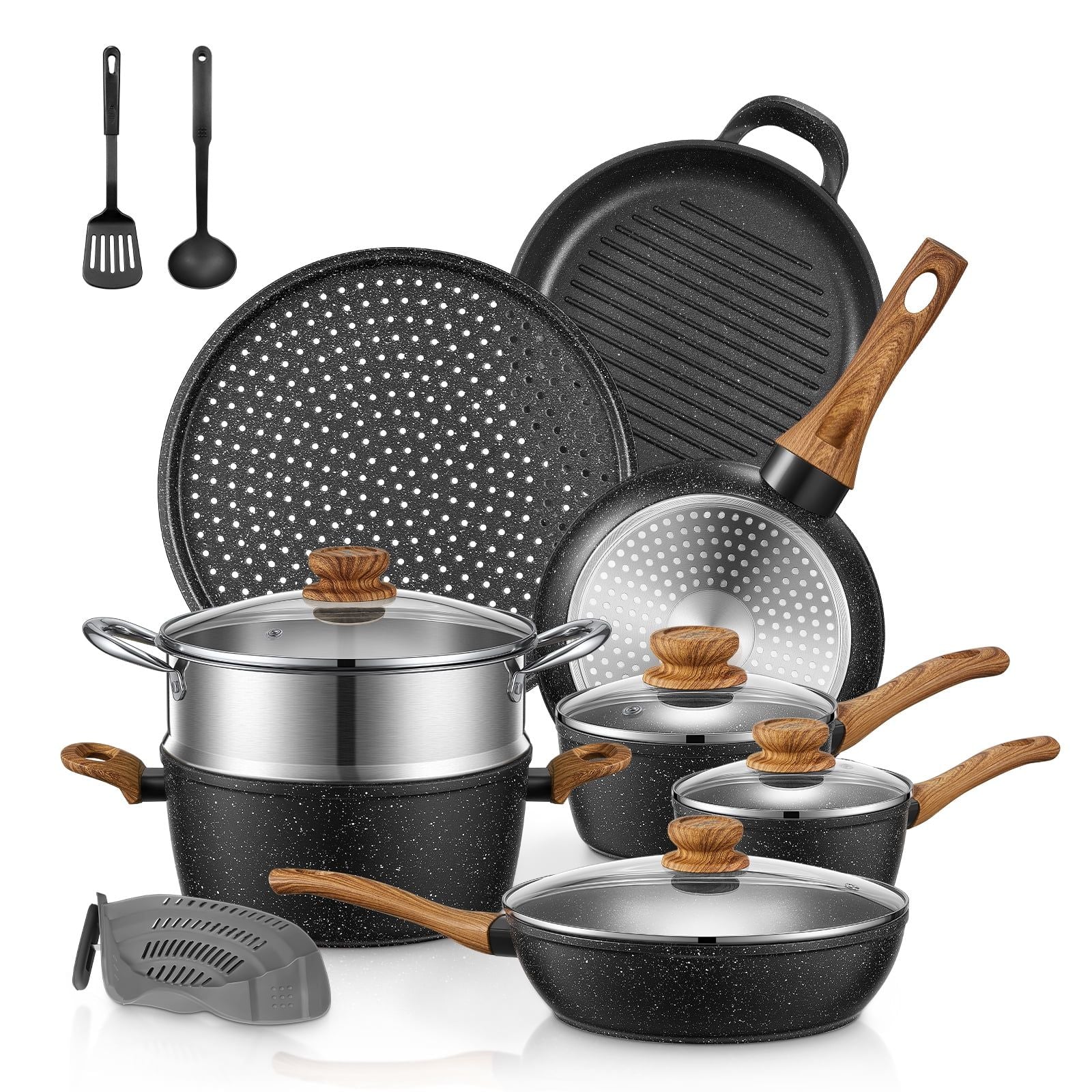 15-Piece Nonstick Cookware Set – Pots, Pans, Lids & Steamer
